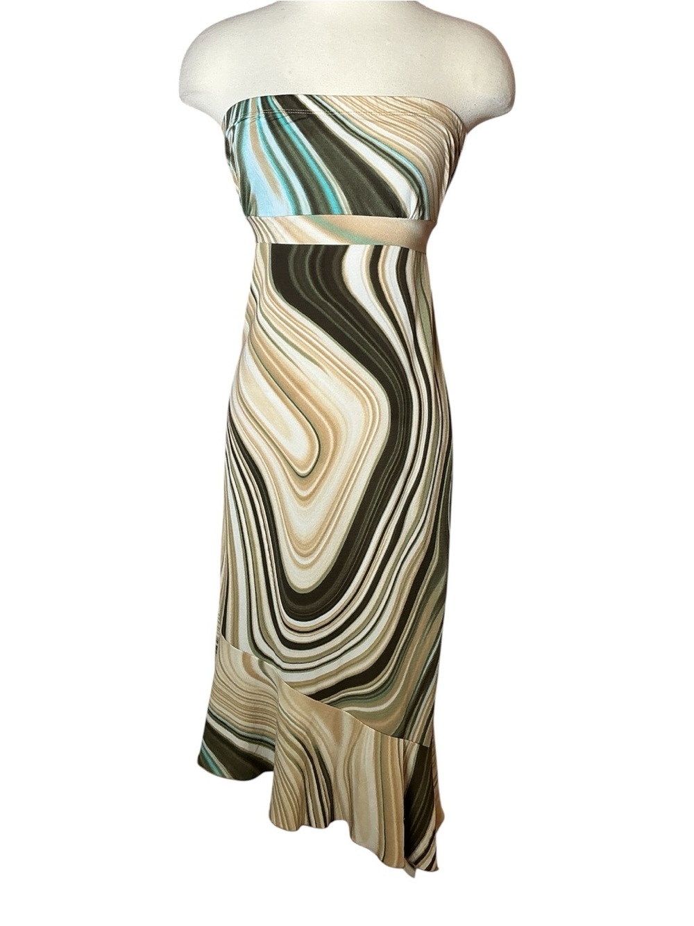 Vintage Y2K Sirens Striped Strapless Asymmetrical Midi Dress with Tie size Large